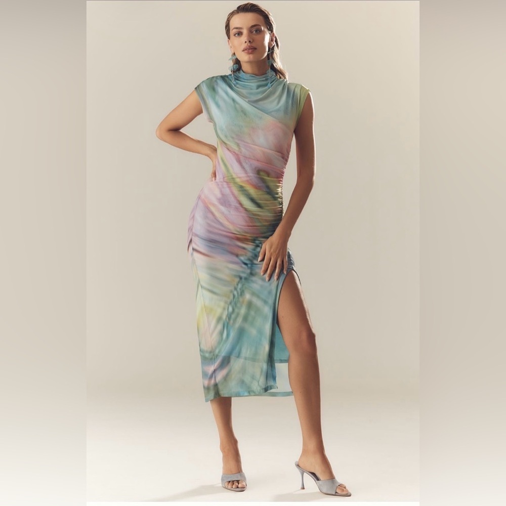 Anthropologie new The Maya Ruched Cowl-Neck Mesh watercolor Dress home coming